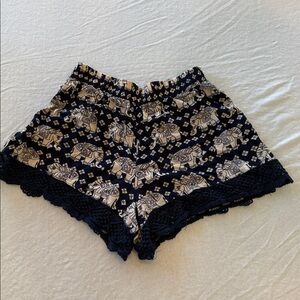 Angie Brand Thai Batik elephant shorts with elastic waist and lace. Small. Boho